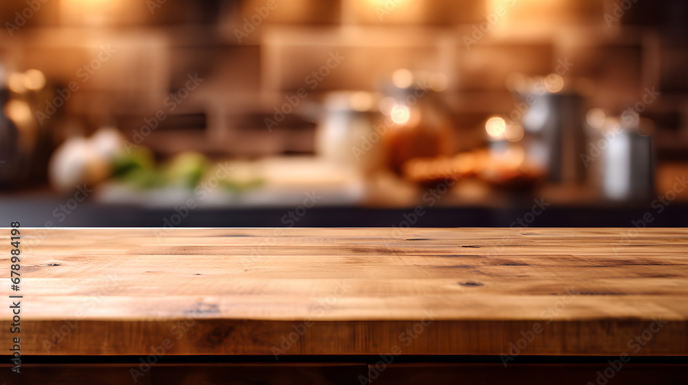 An empty brown wooden countertop and a blurred background of the interior of a modern kitchen, a demonstration of the installation of the product.