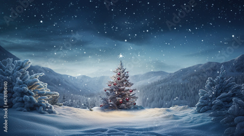 幻想的な夜の雪原とクリスマスツリーの3Dイラスト photo