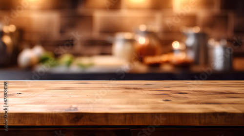 An empty brown wooden countertop and a blurred background of the interior of a modern kitchen, a demonstration of the installation of the product.