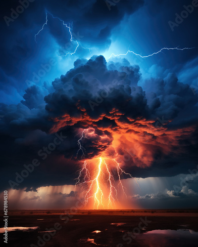 A violent tornado storm with lightning over open countryside.