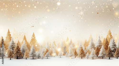 Golden Christmas background with christmas trees, magic lights. xmas card
