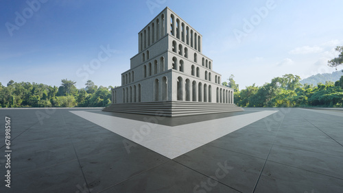 Empty concrete floor and gray tile road. 3d rendering of building with clear sky background. photo