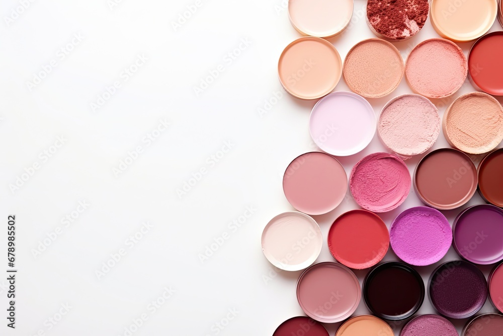 Multicolored eye shadow scattered on a white background. Copy space. Generated by AI. Multicolored eye shadow scattered on a white background. Copy space. Generated by AI.