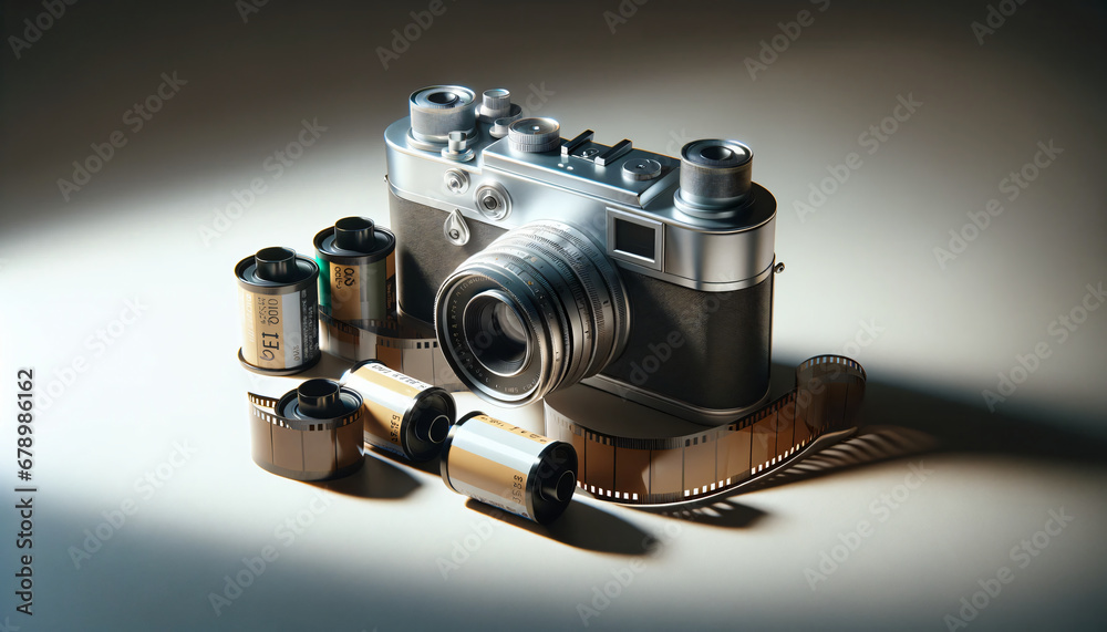A Minimalistic, Classic Film Camera with Rolls of Film, Arranged on a Simple, Elegant Surface. Generative AI. 4K Wallpaper