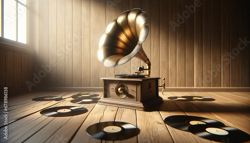 a minimalistic, vintage gramophone on a wooden floor, surrounded by vinyl records photo
