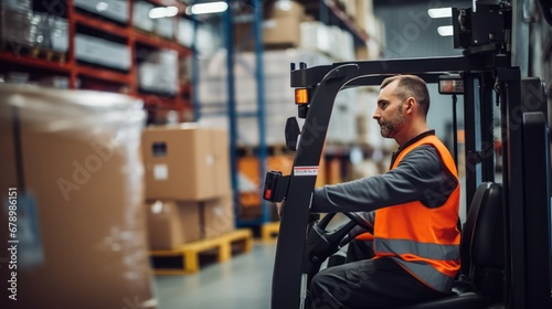 Fotografie, Obraz A Portrait of a professional industrial worker driving a forklift, a team of quality control staff storing goods, shelving, Warehouse Workshop for factory workers, quality control engineers