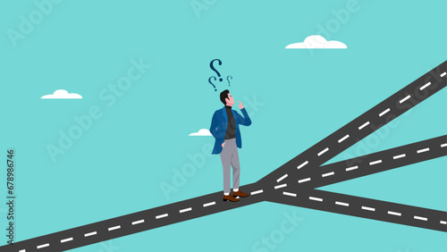 Illustration of a businessman who is confused about choosing his career direction, choosing concept