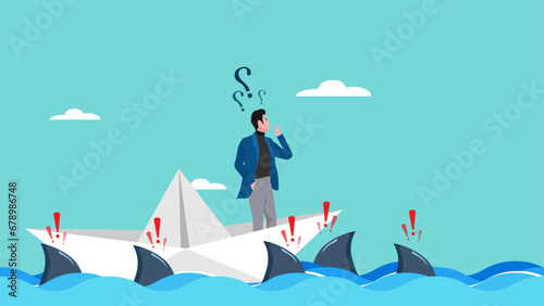 Illustration of a businessman who is confused because his paper boat is surrounded by sharks  problem in business concept