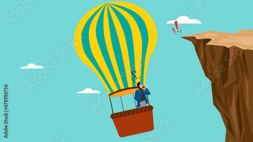Illustration of a businessman who is confused because the hot air balloon he is riding will crash into a steep cliff, problem in business concept, business problem solving illustration
