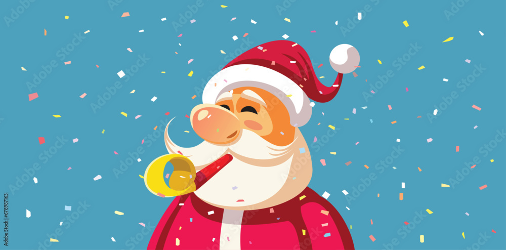 Santa Claus with Party Whistle Vector Cartoon Banner Design. Happy Santa celebrating winter holidays 
