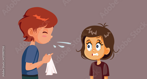 Sick Boy Sneezing Spreading Viral Infection Vector Illustration. Brother transmitting his sickness to his little sister at home
