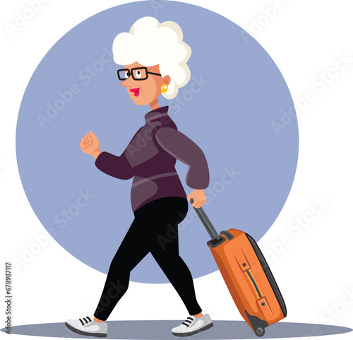 Elderly Woman Walking with Luggage in Vacation Vector Cartoon Illustration. Cheerful pensioner traveling to see the world with pension money
