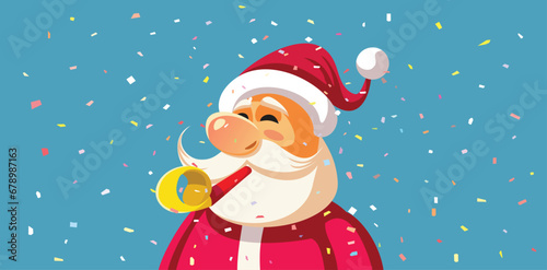 Santa Claus with Party Whistle Vector Cartoon Banner Design. Happy Santa celebrating winter holidays 