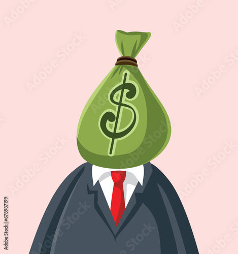 Man with Money Bag Head Obsessed with Profit Vector Cartoon. Corrupt businessman thinking of profit over people or morals
