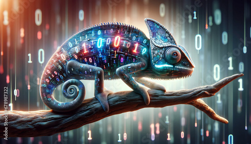A digital chameleon changing colors through binary patterns. photo