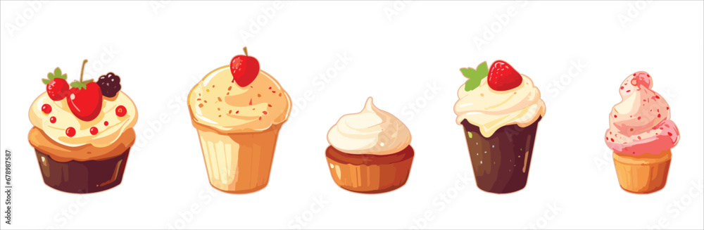 Collection of cupcakes with different ingredients. Set of sweet cakes. Colorful dessert. Flat vector illustration isolated on white background.