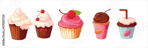 Sweet cupcakes set with decoration and fillings. Glam pink cupcakes with diamonds, marshmallow, cherry and butterfly on white background. Vector illustration set.
