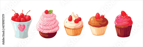 Realistic cupcakes. 3d pastry dessert, cupcake muffin with whipped cream, honey flavors homemade pastries in cup plate, cake for birthday holiday exact vector illustration of pastry dessert cake