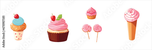 Set of delicious desserts with ripe fresh strawberry. Cake, cupcake, ice cream for confectionery or coffee shop cafe desserts cartoon vector
