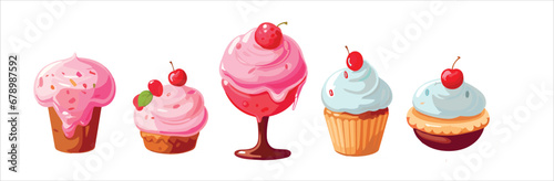 Sweets 3d vector realistic objects. Cupcakes, cake, donuts, candy. Food icons. Set of five Cupcakes. Vector illustration. 