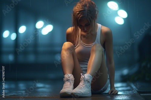 Mujer en ropa deportiva sentada en el suelo bajo la lluvia