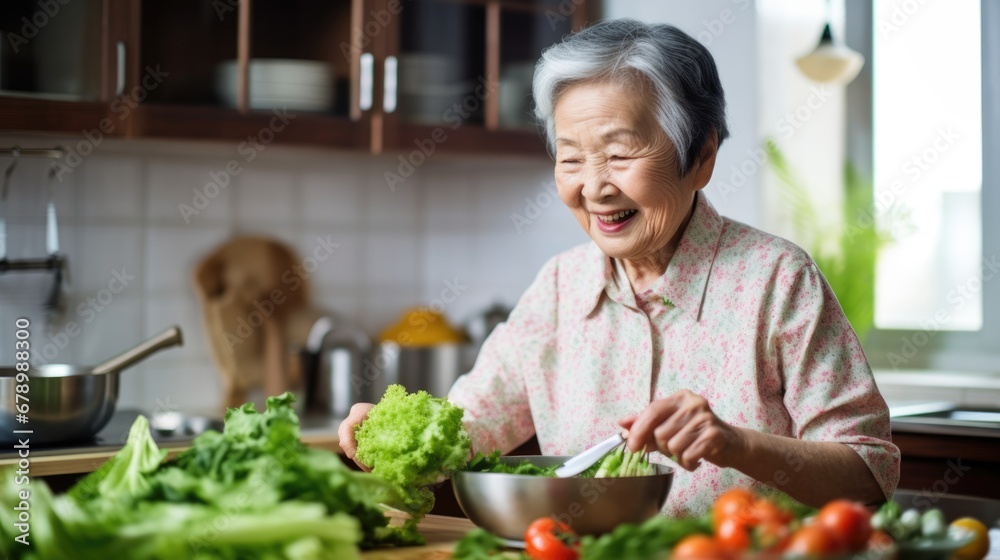 Elderly Asian woman cooking healthy salad soup cut vegetables on wooden board in domestic kitchen near window with natural sun light, happy smiling pensioner female retirement prapare food for family