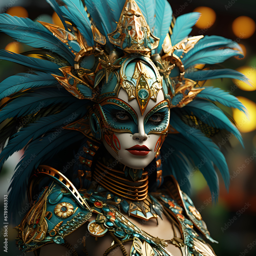 Carnival in Rio de Janeiro. A Brazilian woman, a beautiful dancer in a carnival costume with a bright festive makeup. - obrazy, fototapety, plakaty 