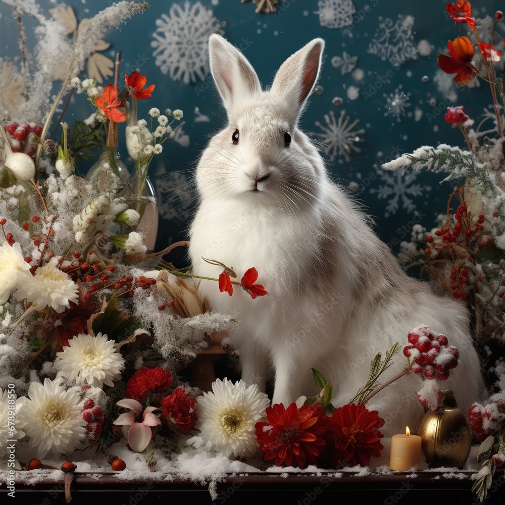 Arctic Hare Amidst Festive Flower Arrangements Arctic Hare Amidst Festive Flower Arrangements