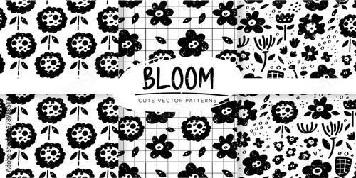 Seamless pattern with flowers, leaves, plants and grunge texture. Fabric print for children