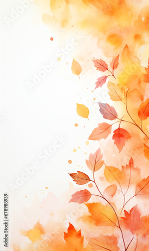 Welcome fall season. Abstract autumn background concept with orange leaves. Harvest festival. Watercolor illustration for poster  banner  card  template. Fall design frame with place for text. 