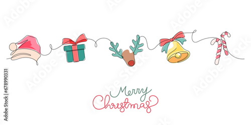 merry christmas thin line continuous greeting flat design