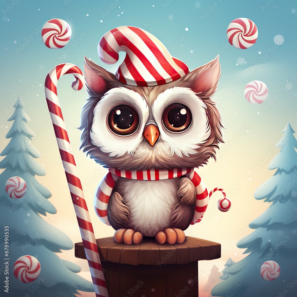 Fototapeta premium Cute Owl on Candy Cane Illustration