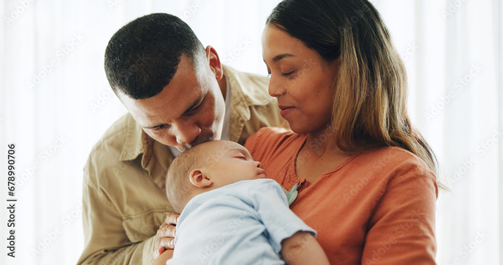 Family, love and parents kiss baby for bonding, healthy relationship and childcare in home. Happy, childhood and mother, father and newborn infant embrace, care and relax together for happiness Family, love and parents kiss baby for bonding, healthy relationship and childcare in home. Happy, childhood and mother, father and newborn infant embrace, care and relax together for happiness