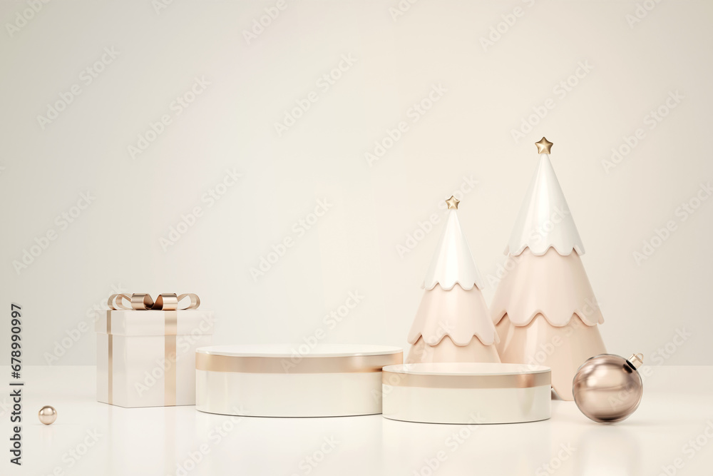 3D rendering white and gold product display stands, with Christmas tree models, gift box and bauble on beige background. Luxury Christmas sale presentation scene. 3D rendering white and gold product display stands, with Christmas tree models, gift box and bauble on beige background. Luxury Christmas sale presentation scene.