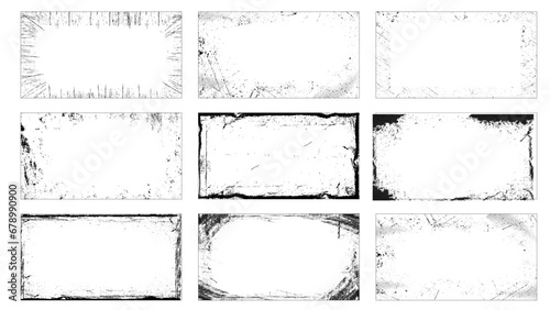 Vector illustration. Set of 9 frames in grunge style. Dirty borders collection on white background. Design elements for banner, poster, flyer, invitation, card, social networks, blog posts, stories
