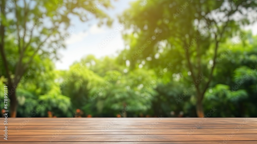 Wooden Table Top with Blurred Green Park Garden as Background. Wooden Table Top with Blurred Green Park Garden as Background.