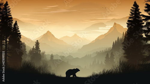 Silhouette of bear climb up hill. Tree in front, muntains and forest in background photo