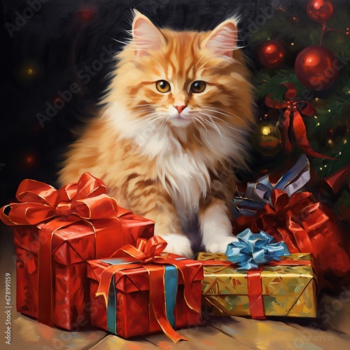 Festive Christmas Cat with Gifts