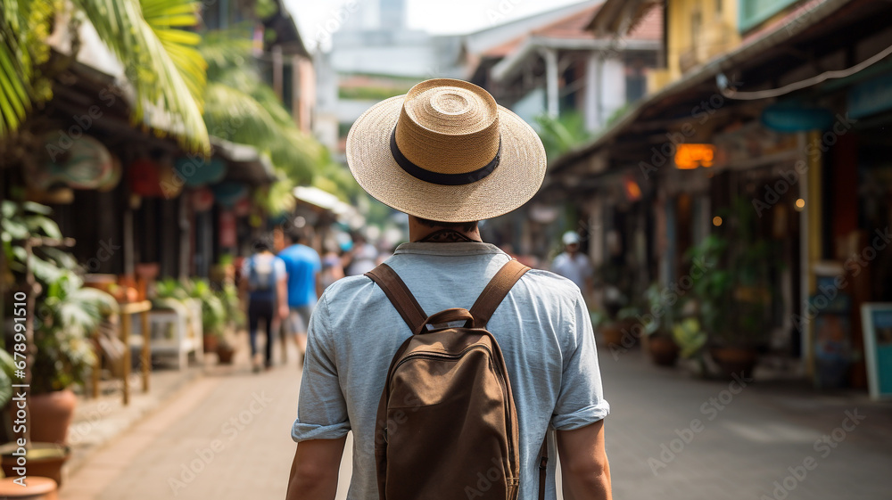 Young tourist man stands in front of cultural attractions in Asia