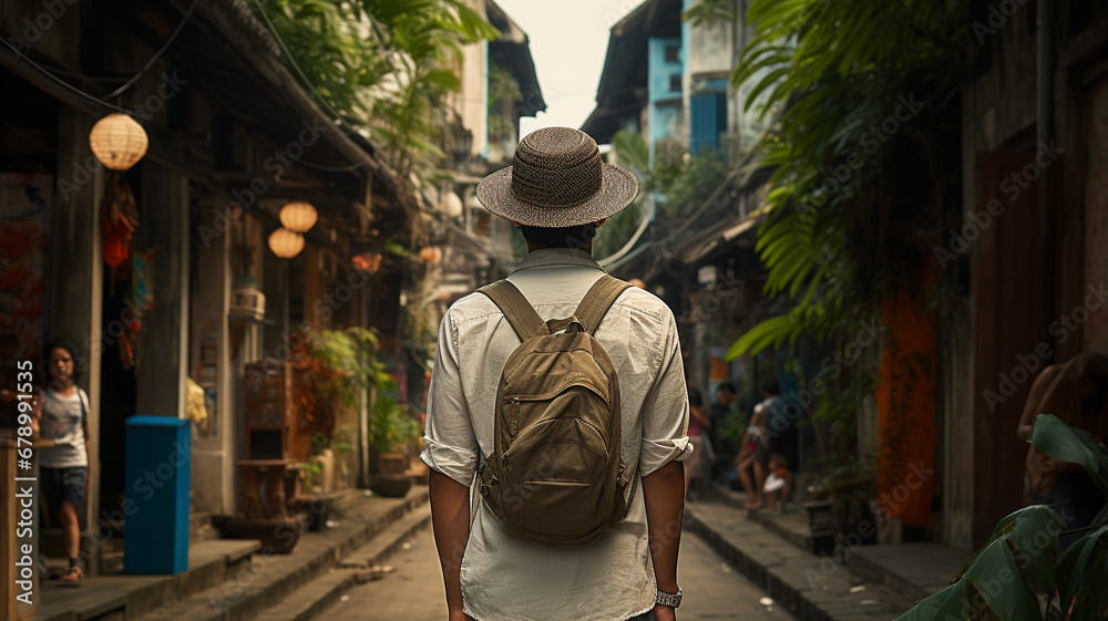 Young tourist man stands in front of cultural attractions in Asia