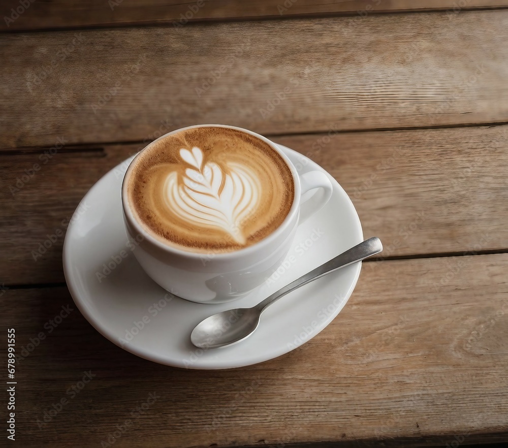Overhead View of a Freshly Brewed Coffee, Cappuccino with Artistic Foam Design in a Classic White Ceramic Cup on a Rustic Wooden Table Overhead View of a Freshly Brewed Coffee, Cappuccino with Artistic Foam Design in a Classic White Ceramic Cup on a Rustic Wooden Table