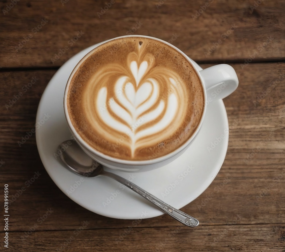 Overhead View of a Freshly Brewed Coffee, Cappuccino with Artistic Foam Design in a Classic White Ceramic Cup on a Rustic Wooden Table Overhead View of a Freshly Brewed Coffee, Cappuccino with Artistic Foam Design in a Classic White Ceramic Cup on a Rustic Wooden Table