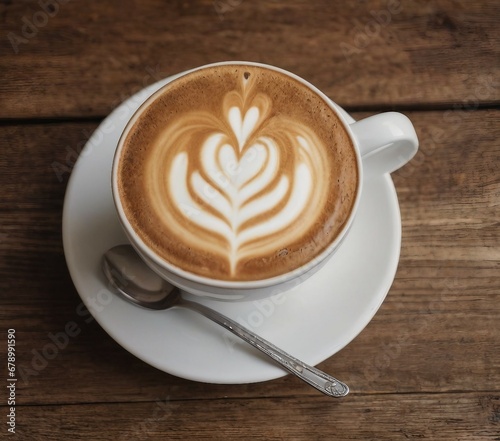 Overhead View of a Freshly Brewed Coffee, Cappuccino with Artistic Foam Design in a Classic White Ceramic Cup on a Rustic Wooden Table