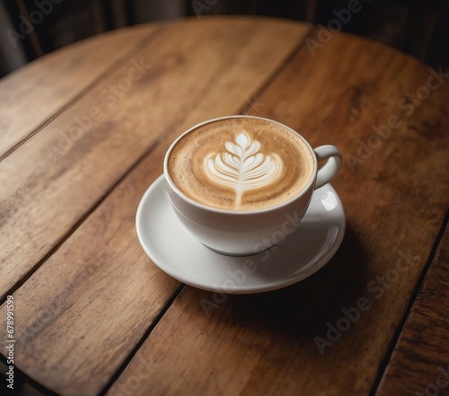 Overhead View of a Freshly Brewed Coffee, Cappuccino with Artistic Foam Design in a Classic White Ceramic Cup on a Rustic Wooden Table