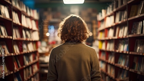 Rear View of a Young Man with Wavy Hair Standing in a Bookstor