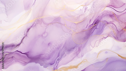 Violet Lavender Watercolor Marble with Golden Lines Background.