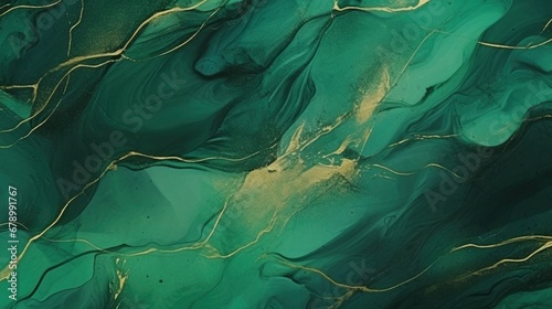 Green and Gold Watercolor Brushed Background with Cracked Marble Texture.