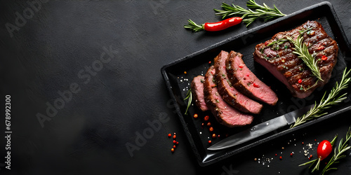 Grilled beef steak with rosemary and pepper on stone plate on black background. photo