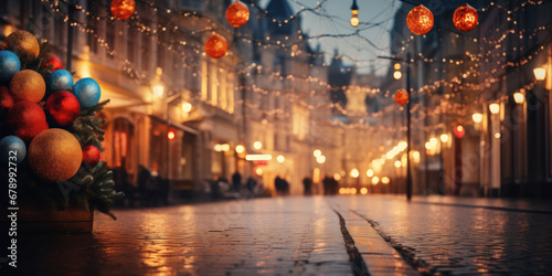 Bokeh background of a city street decorated with garlands before Christmas