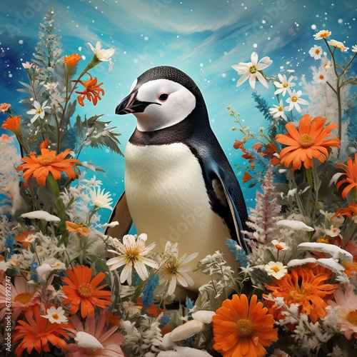 Happy Penguin Amongst Seasonal Flower Decor